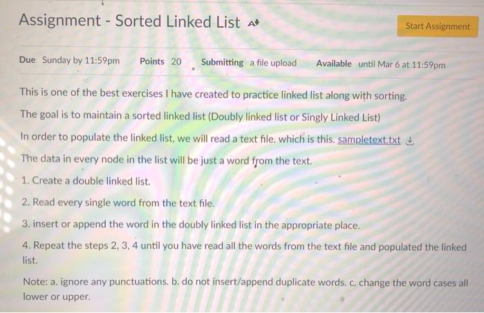 Solved Assignment - Sorted Linked List A Start Assignment | Chegg.com