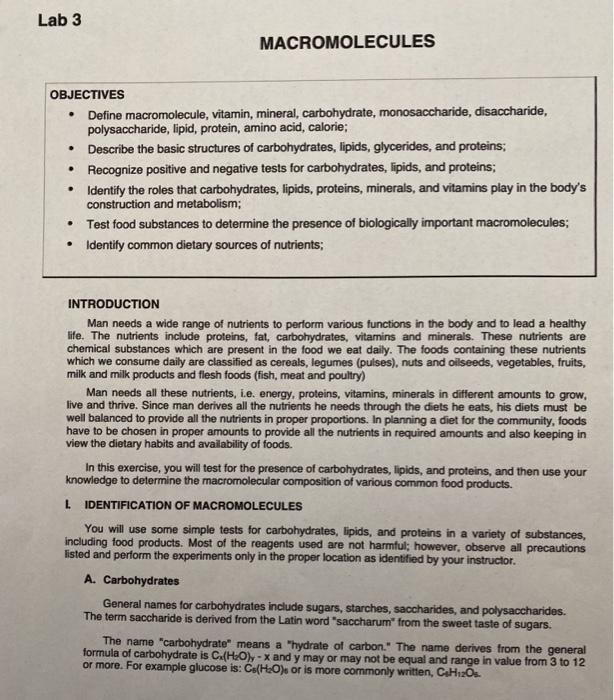Solved Lab 3 MACROMOLECULES . . OBJECTIVES Define | Chegg.com