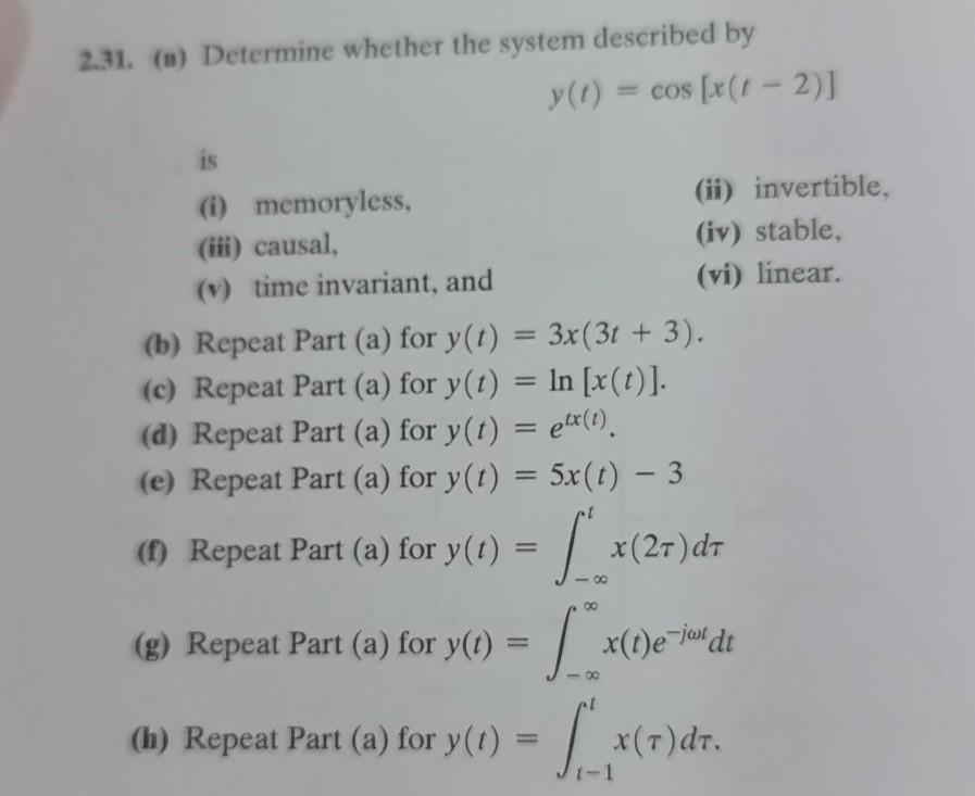 Solved 2.31. (a) Determine whether the system described by y | Chegg.com