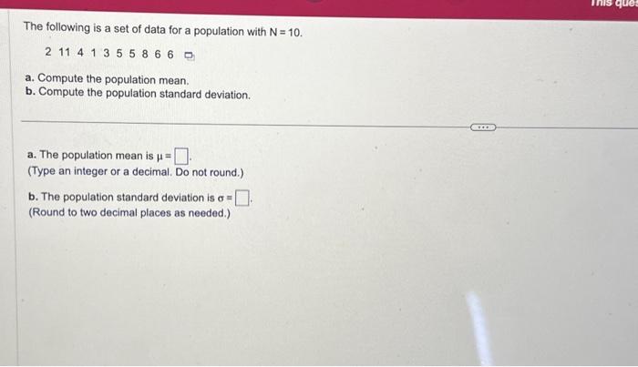 Solved The following is a set of data for a population with | Chegg.com