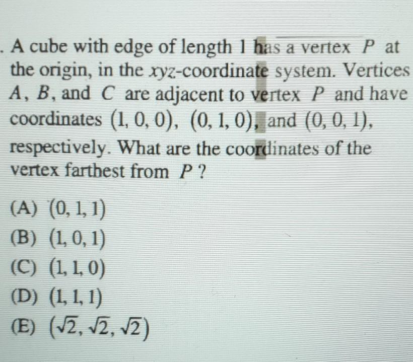 Solved . A cube with edge of length 1 has a vertex P at the | Chegg.com