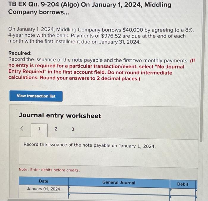 Solved TB EX Qu. 9-204 (Algo) On January 1, 2024, Middling | Chegg.com