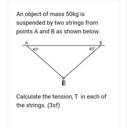 Solved An object of mass 50kg is suspended by two strings | Chegg.com