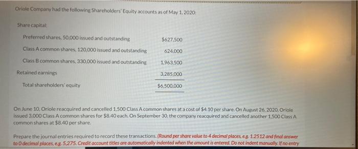 solved-oriole-company-had-the-following-shareholders-equity-chegg