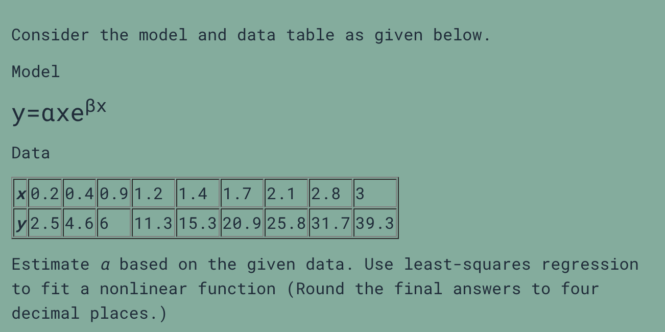 Solved Consider the model and data table as given | Chegg.com