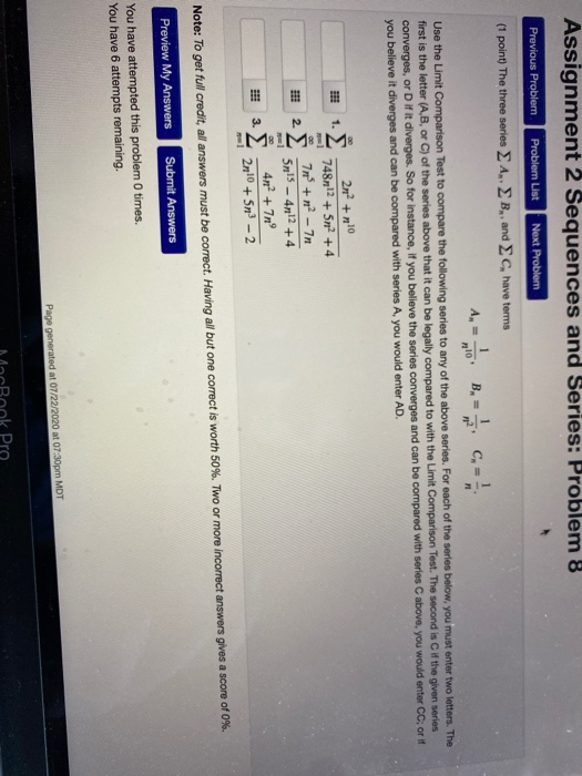 Solved Assignment 2 Sequences and Series: Problem 8 Previous | Chegg.com