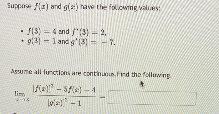 Solved Suppose F(x) And G(x) Have The Following Values: | Chegg.com