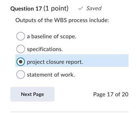 Solved Question 17 (1 point) Saved Outputs of the WBS | Chegg.com