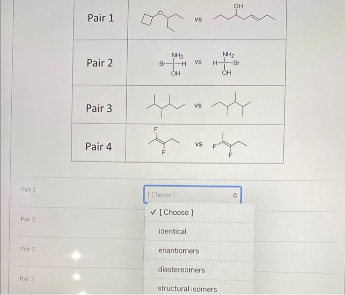 Solved Pair 1 [ Choose] identical Pair 3 enantiomers | Chegg.com