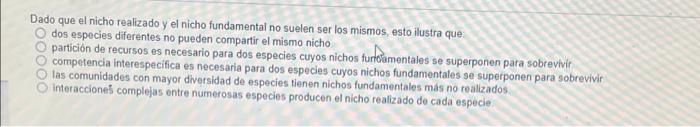 Dado que el nicho realizado y el nicho fundamental no suelen ser los mismos, esto ilustra que dos especies diferentes no pued