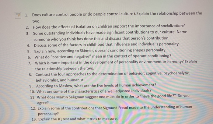 Solved 1. Does culture control people or do people control | Chegg.com