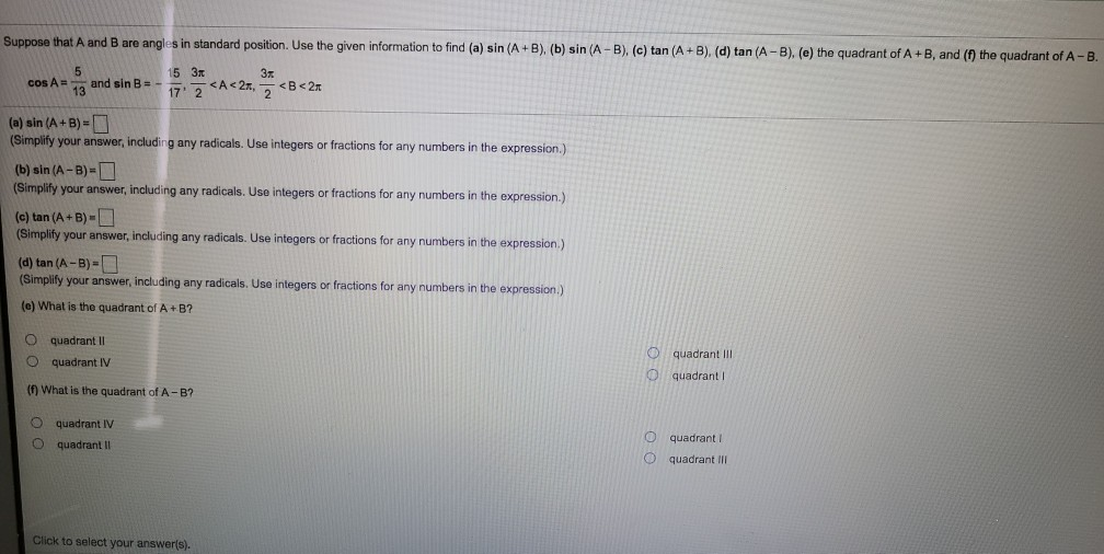 Solved Suppose That A And B Are Angles In Standard Position. | Chegg.com