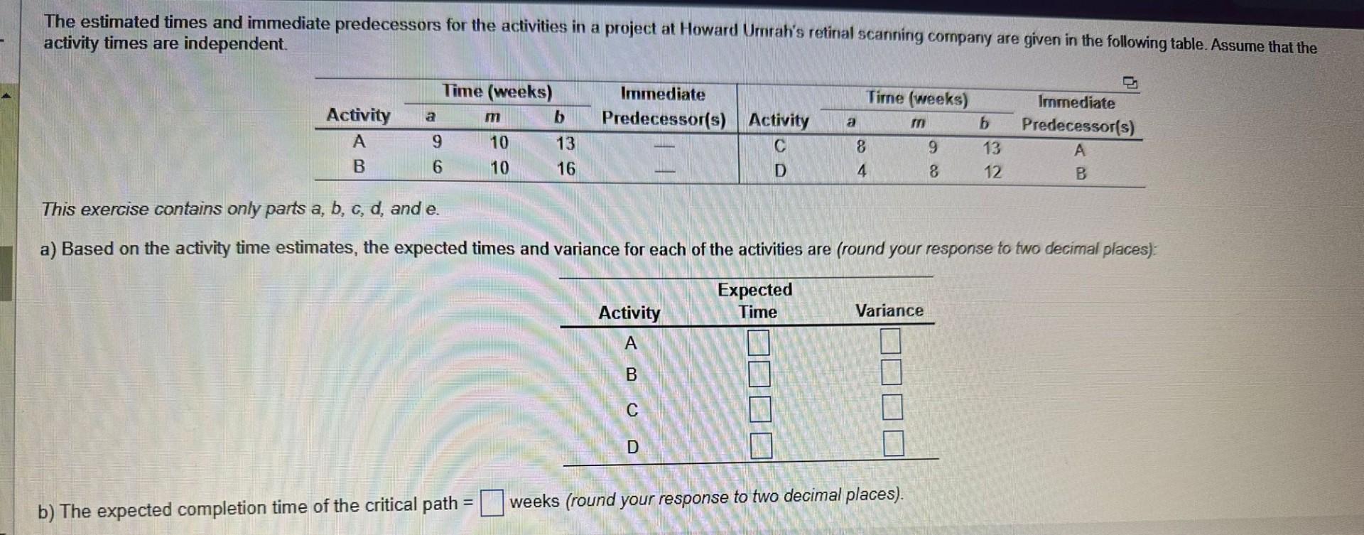 Solved The Estimated Times And Immediate Predecessors For | Chegg.com