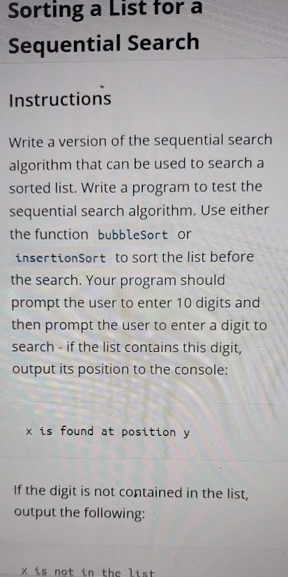 Solved Sorting a List for a Sequential Search Instructions | Chegg.com