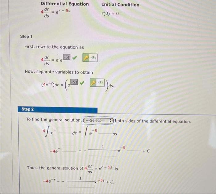 Solved Differential Equation Initial Condition 4dsdr=er−5s
