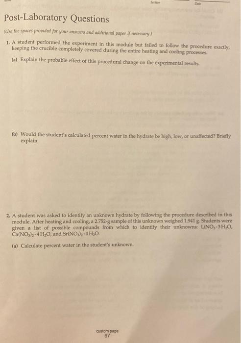 Solved Post-Laboratory Questions (use the spaces provided | Chegg.com
