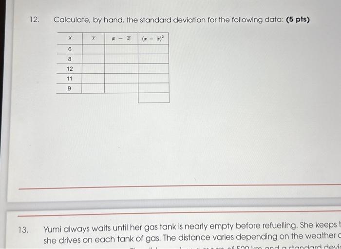 Solved 12. Calculate, by hand, the standard deviation for | Chegg.com