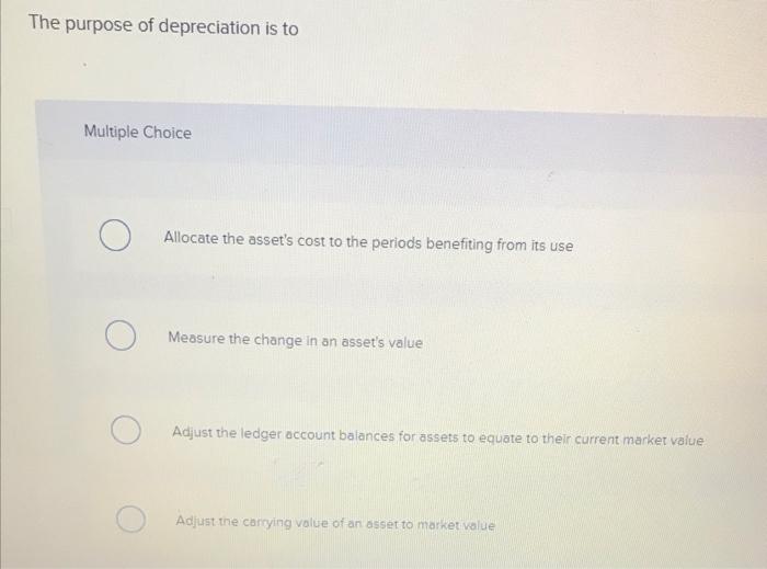 Solved The purpose of depreciation is to Multiple Choice O O | Chegg.com