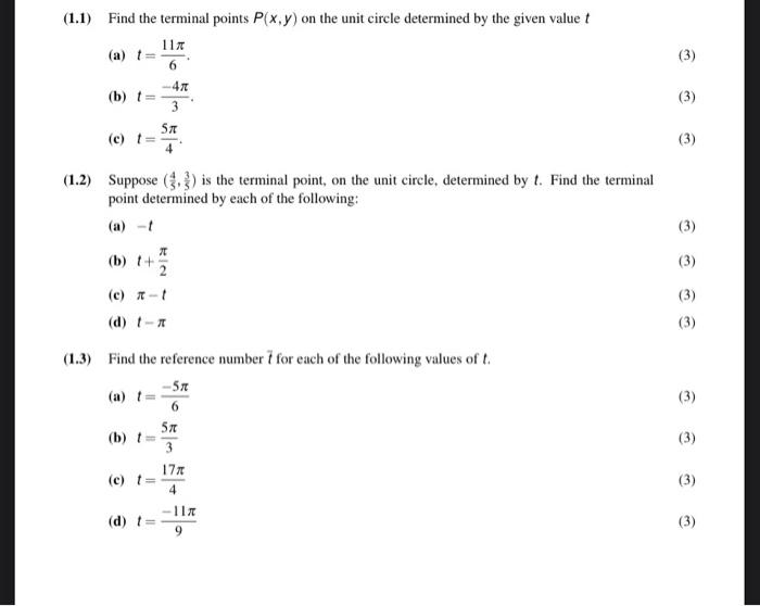 Solved (1.1) Find the terminal points P(x, y) on the unit