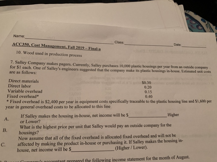 Name Class Date ACC350, Cost Management, Fall 2019