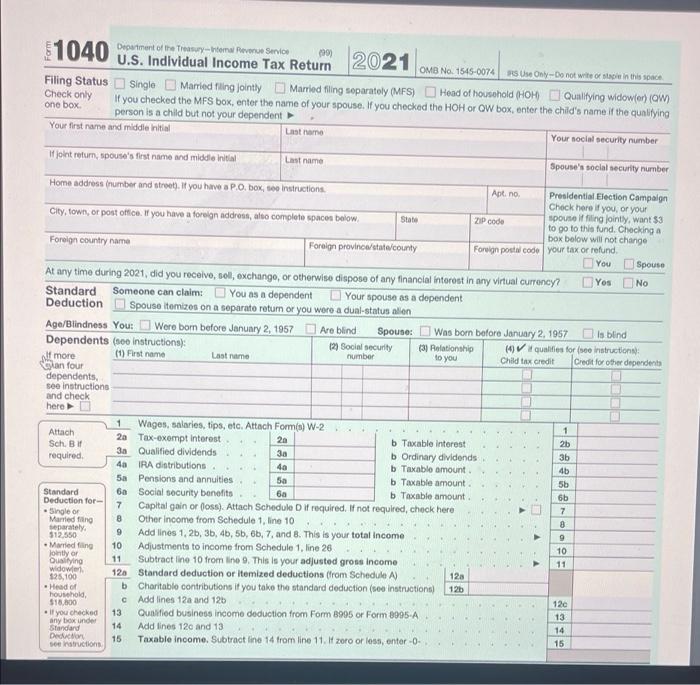 Please help needs to be 2020 Form 1040 (pic below) | Chegg.com