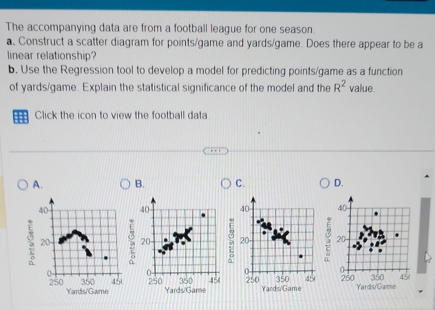 Solved The accompanying data are from a football league for | Chegg.com