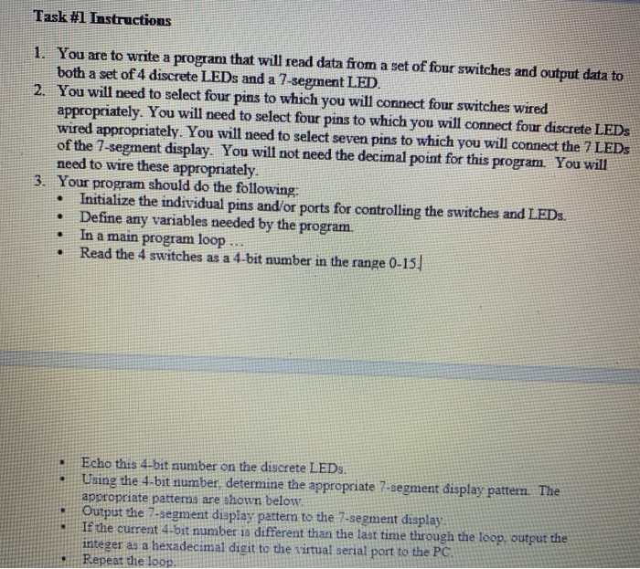 Task #1 Instructions 1. You are to write a program that will read data from a set of four switches and output data to both a