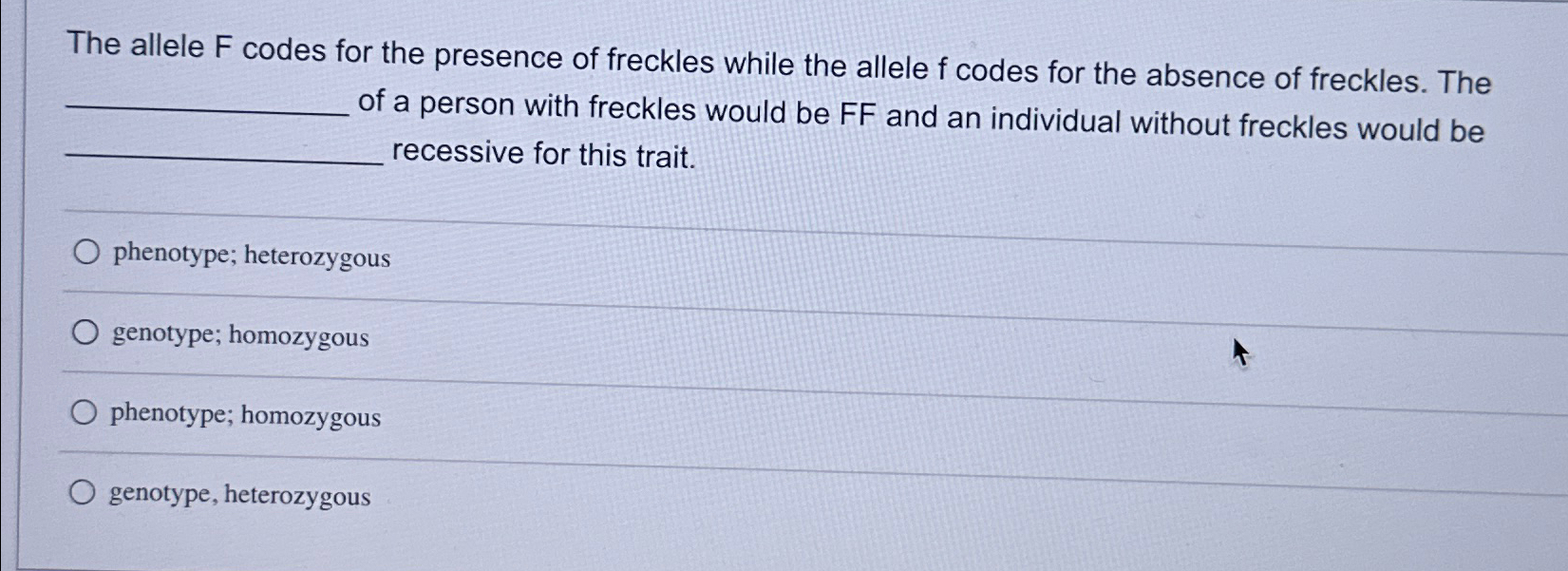 Solved The allele F ﻿codes for the presence of freckles | Chegg.com