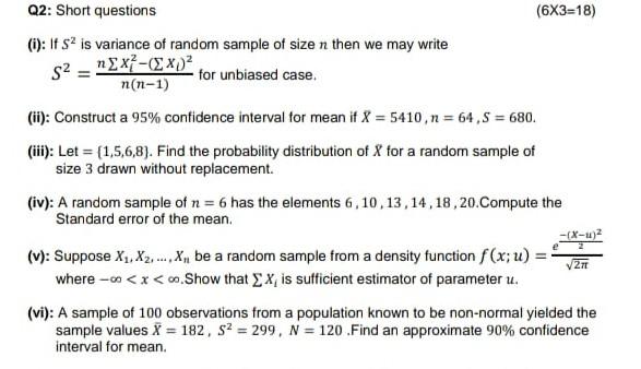 Solved (i): If S2 is variance of random sample of size n | Chegg.com