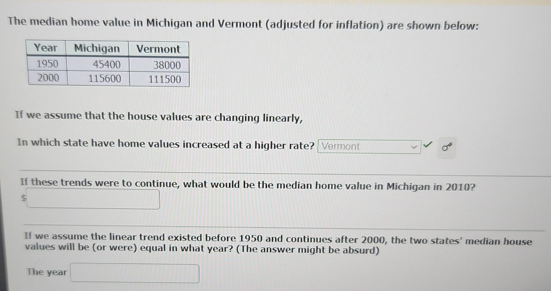 Solved The median home value in Michigan and Vermont