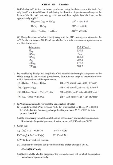 Solved 1. (i) Calculate ΔS0 for the reactions given below, | Chegg.com