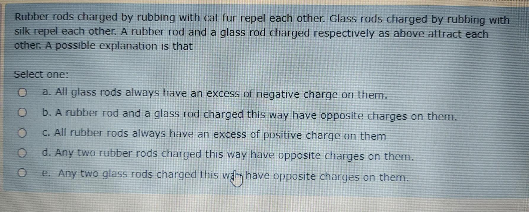 Solved Rubber rods charged by rubbing with cat fur repel