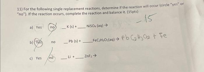 Solved 11) For The Following Single Replacement Reactions, | Chegg.com