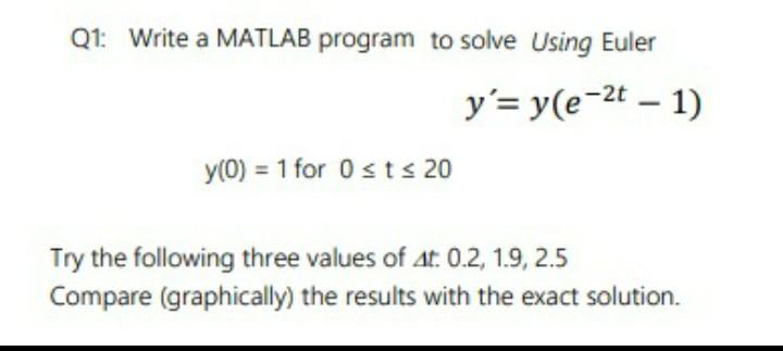 Solved Q1: Write a MATLAB program to solve Using Euler y'= | Chegg.com