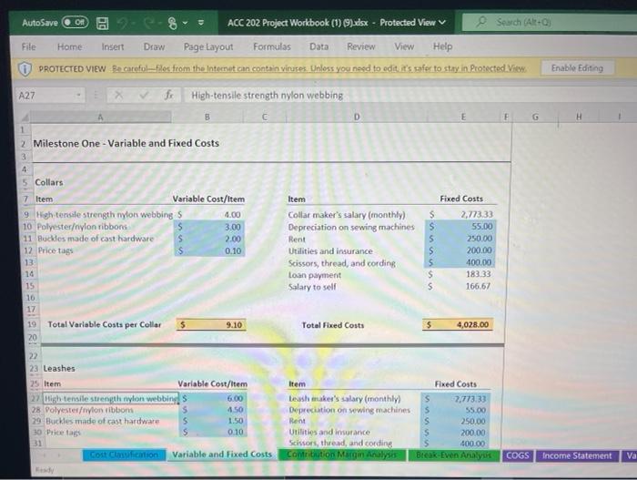 Milestone One - Variable and Fixed Costs Total | Chegg.com
