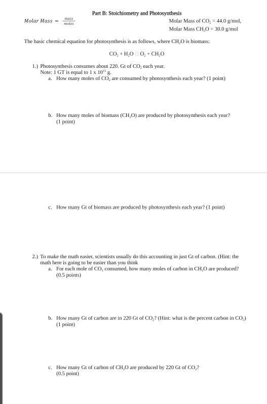 Solved moles Part B: Stoichiometry and Photosynthesis Molar | Chegg.com