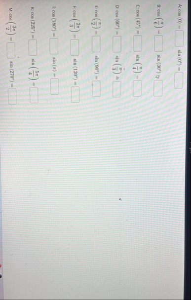 Solved A: cos(0)= ____ sin(0°)= ____B:cos(π6)= ____ | Chegg.com