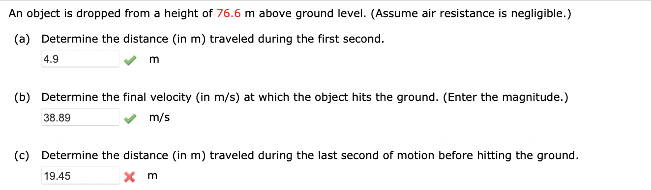 Solved An object is dropped from a height of 76.6m ﻿above | Chegg.com