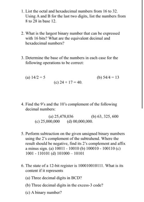 Solved 1. List The Octal And Hexadecimal Numbers From 16 To 