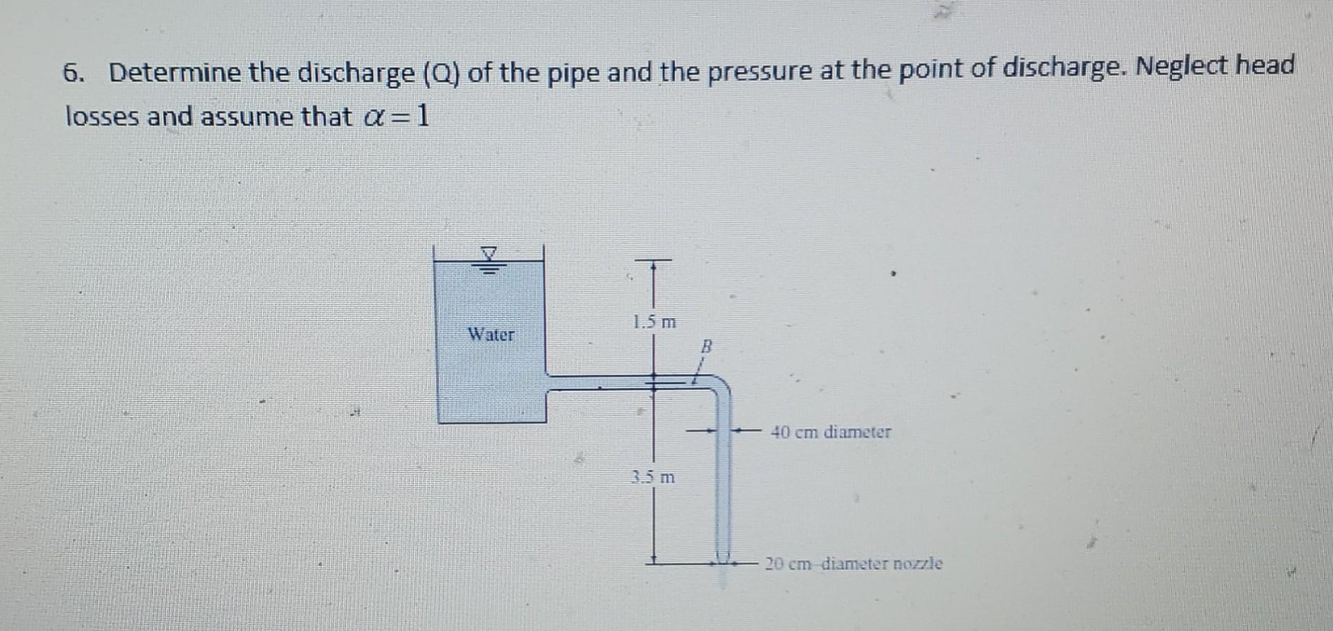 6. Determine the discharge (Q) of the pipe and the pressure at the point of discharge. Neglect head
losses and assume that ?=