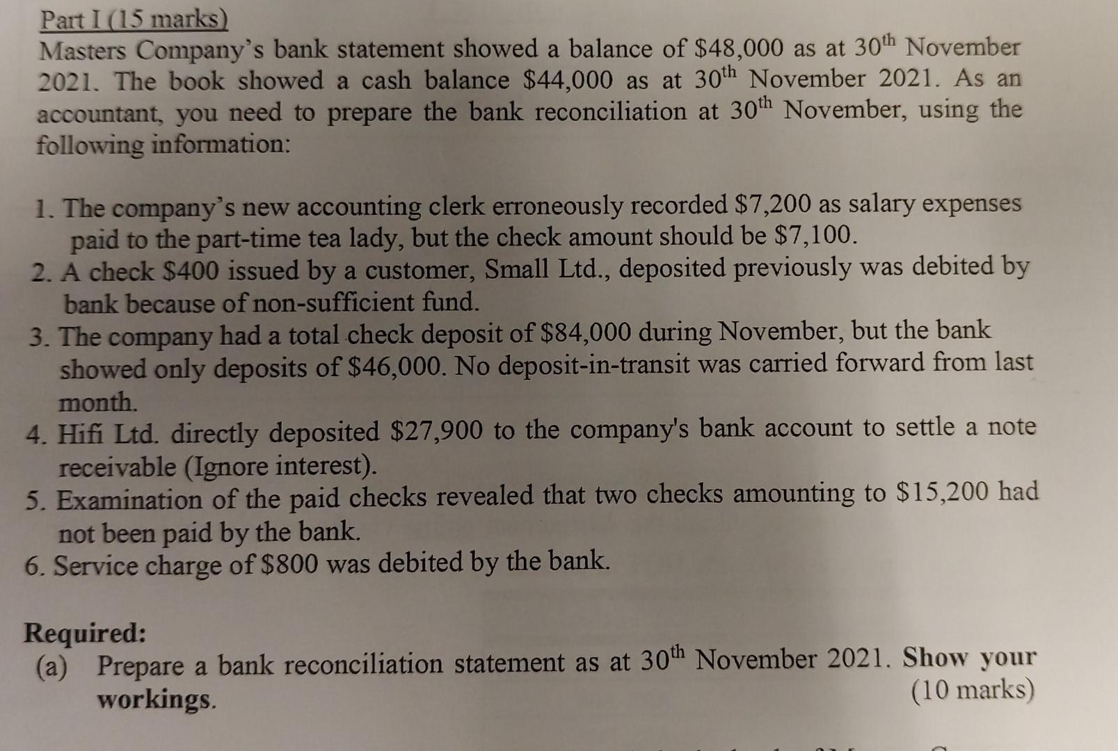 Solved Part I (15 marks) Masters Company's bank statement | Chegg.com