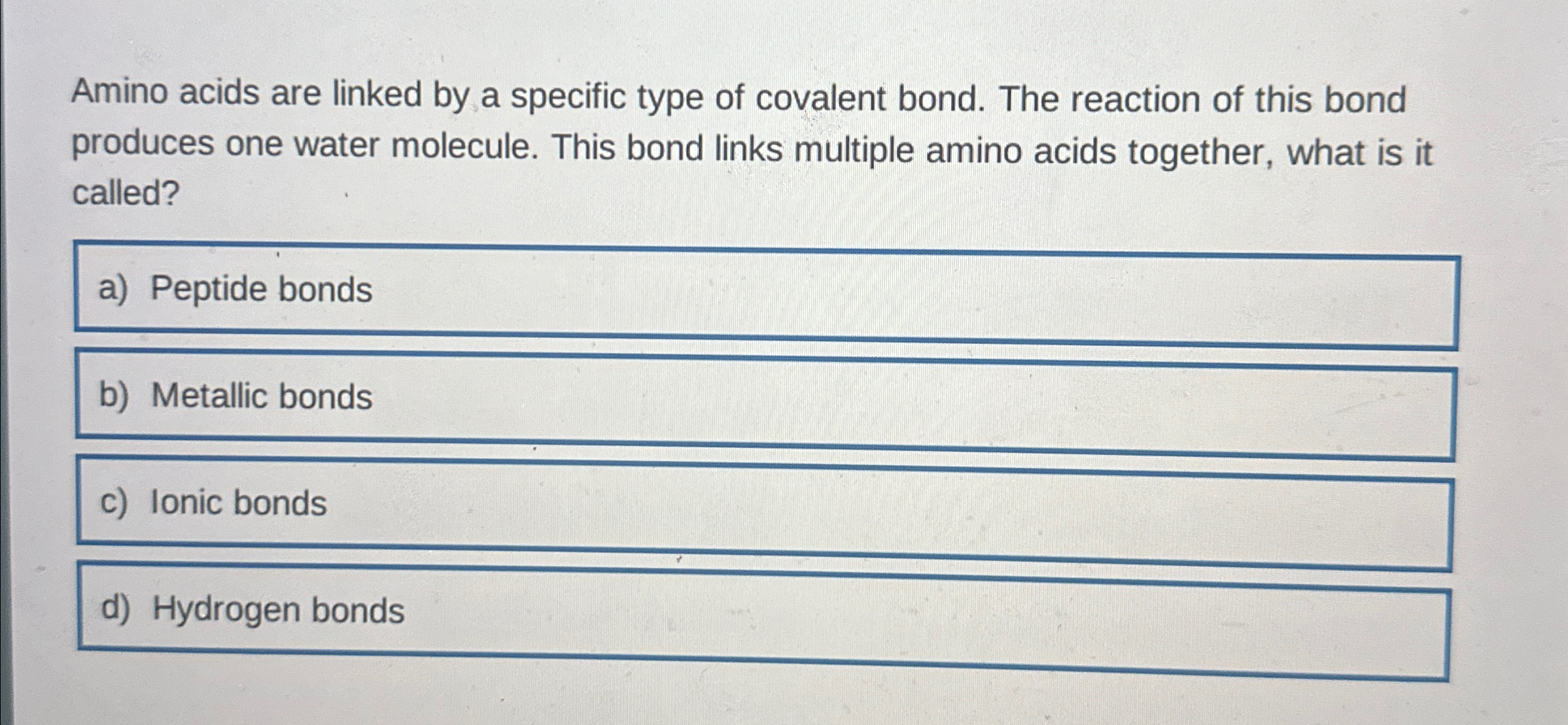 Solved Amino acids are linked by a specific type of covalent | Chegg.com