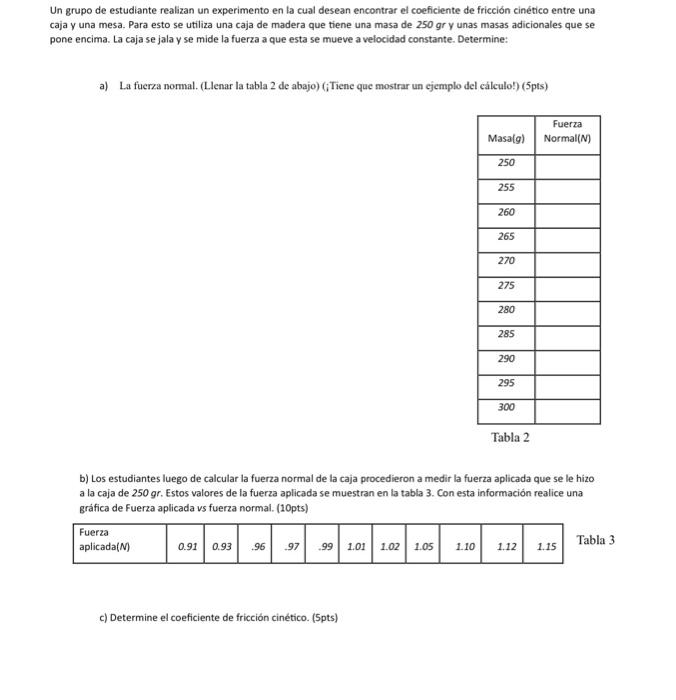 Un grupo de estudiante realizan un experimento en la cual desean encontrar el coeficiente de fricción cinético entre una caja