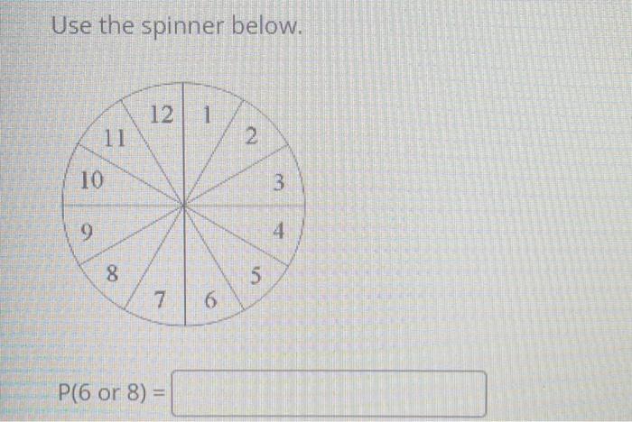 Solved Use the spinner below. 12 1 11 2 10 9 8 7 P(6 or 8) = | Chegg.com