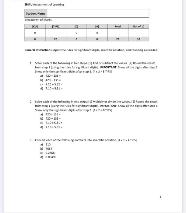 Solved SBI4U Assessment of Learning Student Name Breakdown | Chegg.com