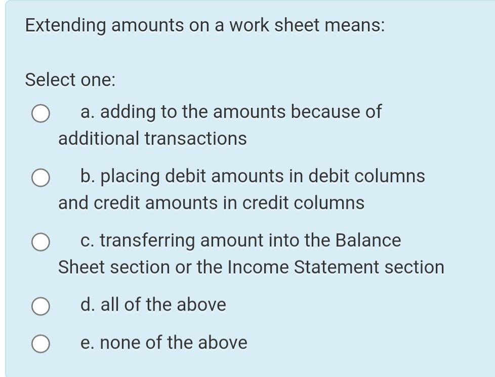 Solved Extending amounts on a work sheet means: Select one: | Chegg.com