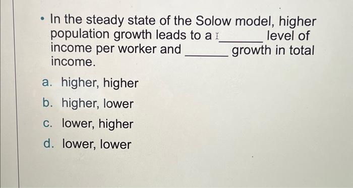 Solved - In the steady state of the Solow model, higher | Chegg.com