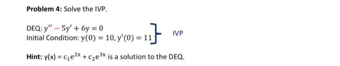 Solved Problem 4: Solve the IVP. DEQ: y′′−5y′+6y=0 Initial | Chegg.com