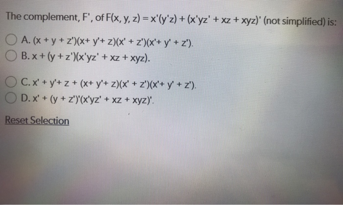 Solved The Complement F Of F X Y Z X Y Z X Y Chegg Com