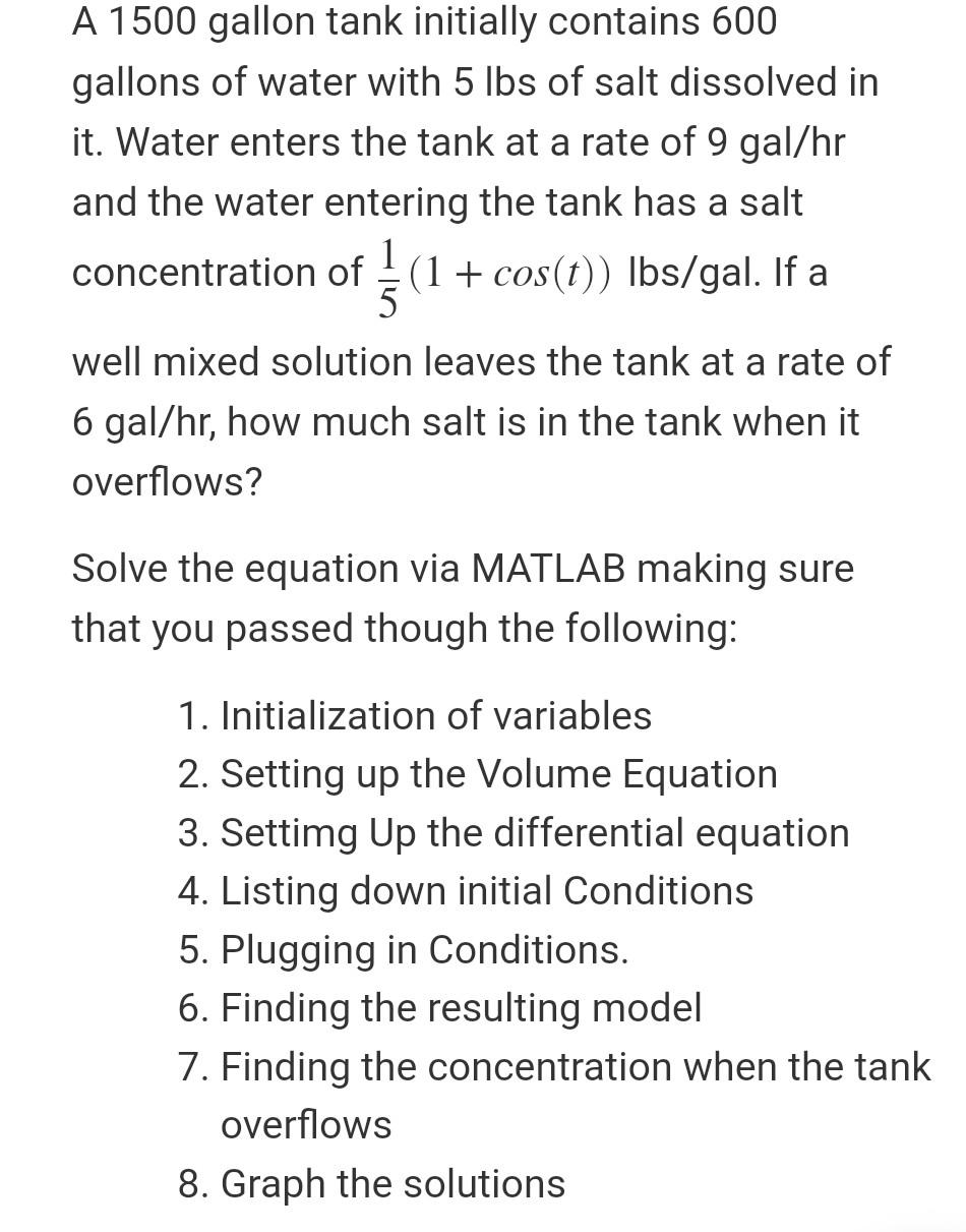 Solved A 1500 gallon tank initially contains 600 gallons of | Chegg.com